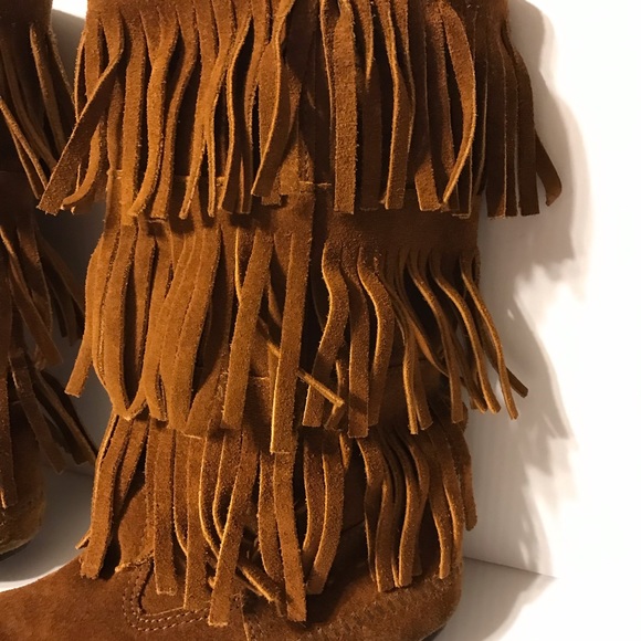 Moccasin brown suede layer tiered fringe boots women fits size 9 - Picture 4 of 11
